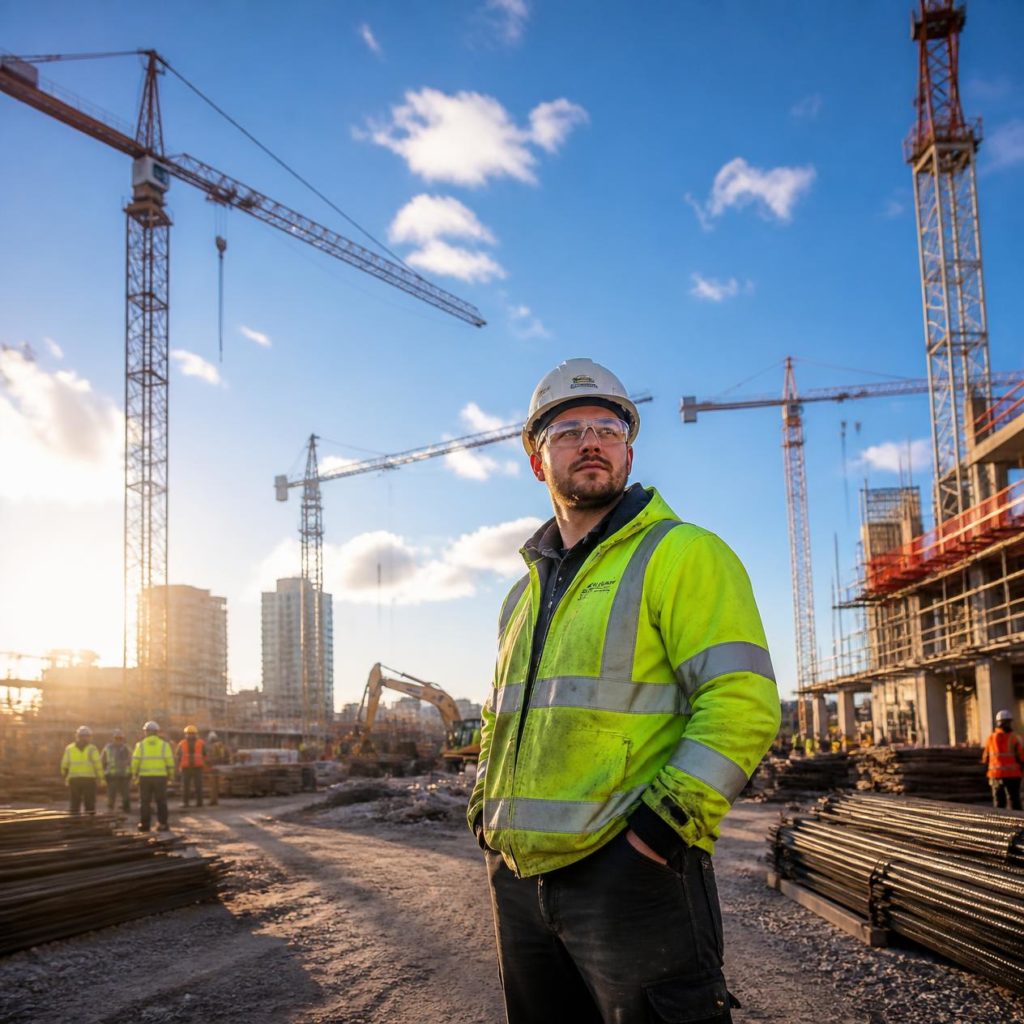 Un professionnel de la construction en tenue haute visibilité sur un chantier